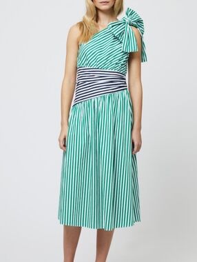 French Connection Alexis Striped One-Shoulder Green Midi Dress with Bow